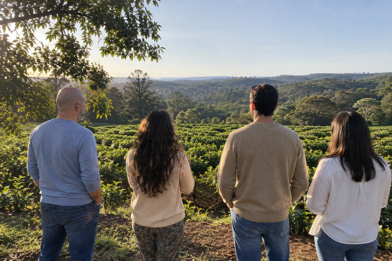 Los cuatro amigos de EMUNÁ contemplando un paisaje natural