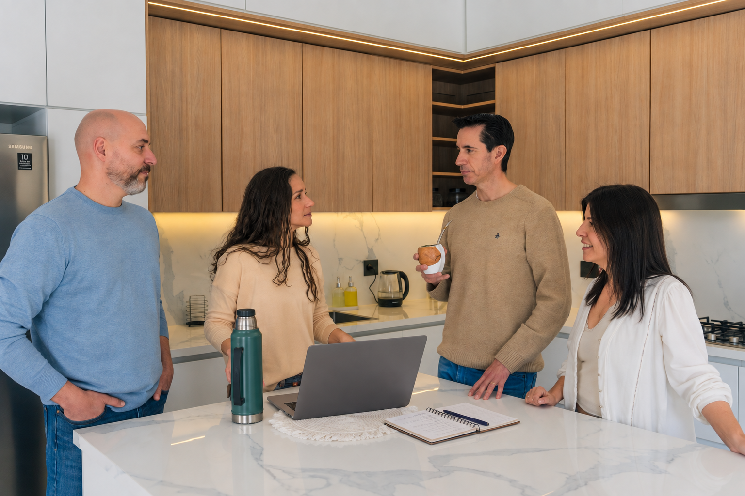 Los cuatro amigos de EMUNÁ reunidos alrededor de una notebook, un cuaderno y un mate